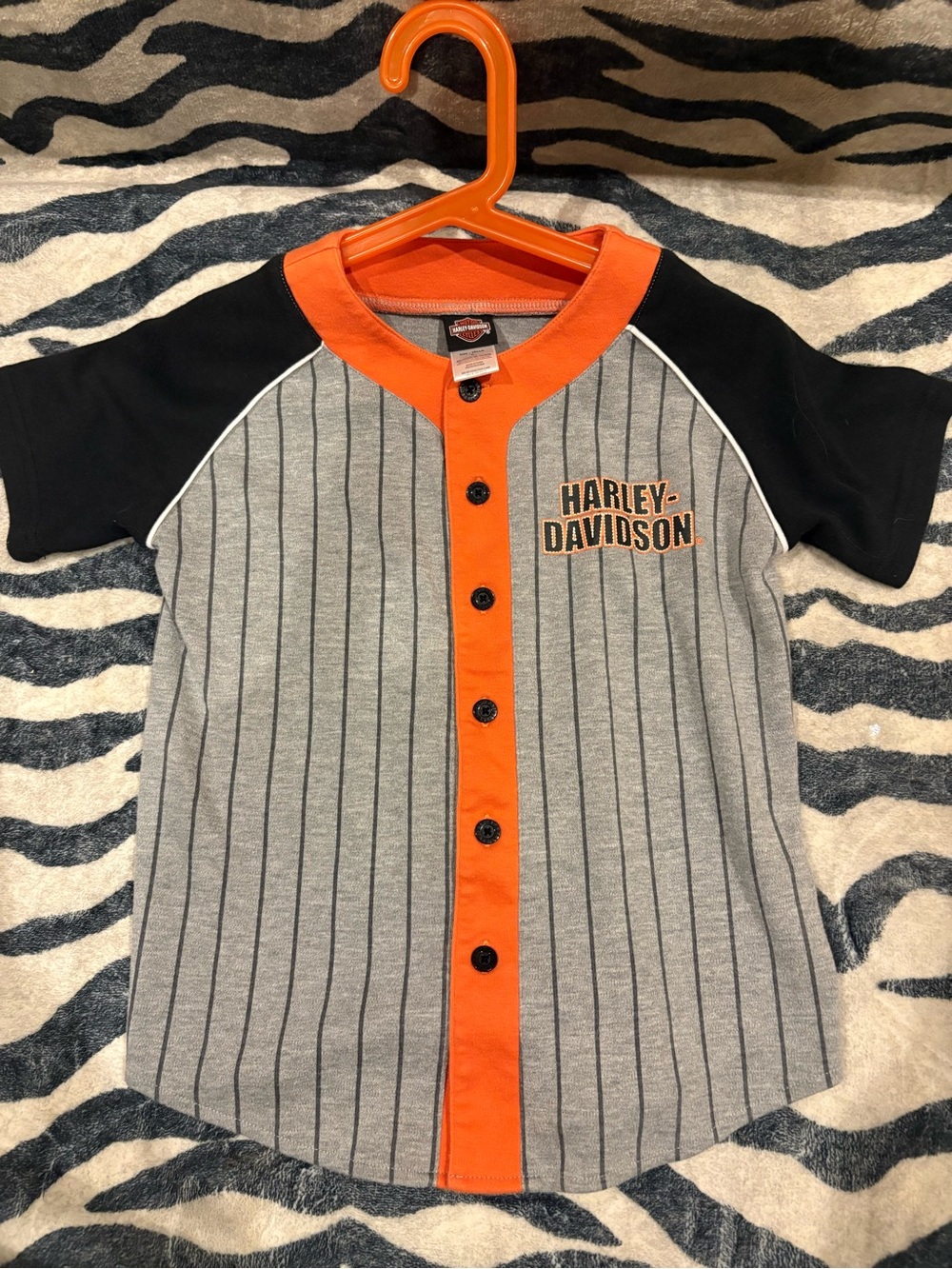 Harley-Davidson Youth Pinstripe Baseball Jersey Shirt Size 6 Gray Orange